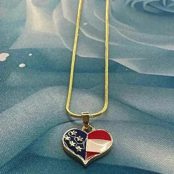 Handmade 18” Gold Red White & Blue Heart Necklace with Gold 1.2mm Snake Chain - Picture 7 of 9